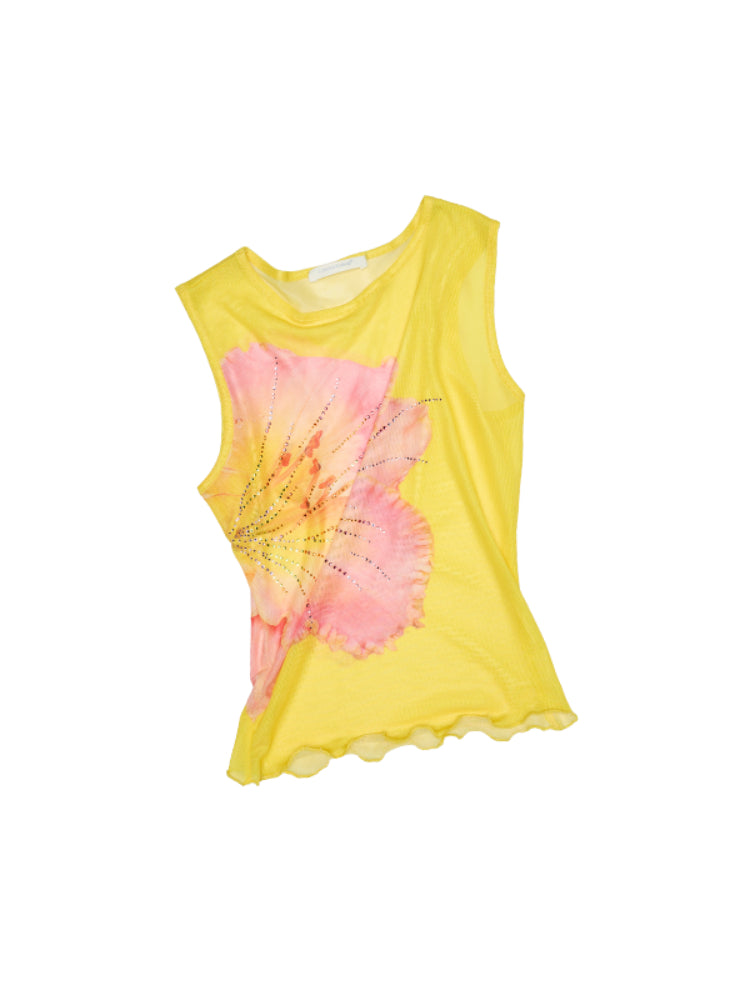 Floral Print Rhinestone Mesh Vest