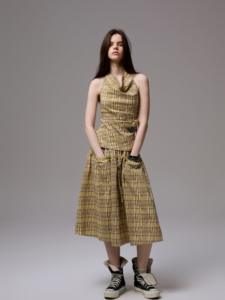Plaid Halter Neck Backless Tank Top & Midi Skirt Set