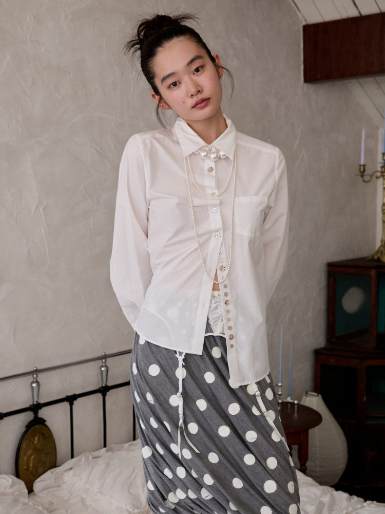 Solid Color Shell Button Fitted Shirt