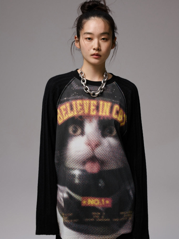 Printed Knitted Raglan-Sleeve T-Shirt