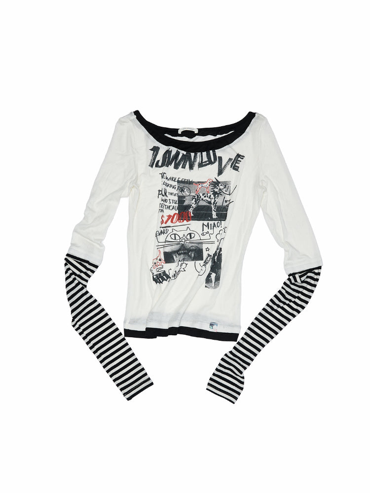 Striped Fake Two-Piece Graffiti Printed T-shirt