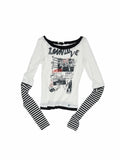 Striped Fake Two-Piece Graffiti Printed T-shirt