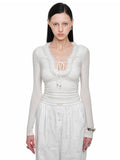 Fur Trimmed Deep V-Neck Slim Fit Knit Top