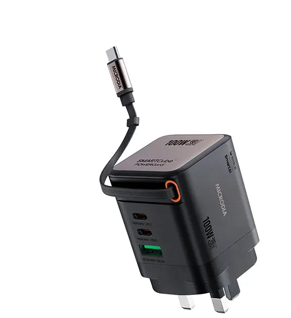 Зарядное устройство MICRODIA SMARTCube™ POWERCord мощностью 100 Вт с GaN Pro, встроенным кабелем USB-C и двумя выходами USB-C PD и USB-A 