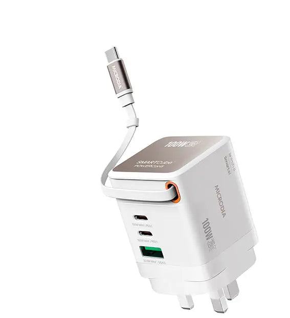 Зарядное устройство MICRODIA SMARTCube™ POWERCord мощностью 100 Вт с GaN Pro, встроенным кабелем USB-C и двумя выходами USB-C PD и USB-A 