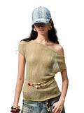 Asymmetric Shoulder Knit Short Sleeve T-shirt