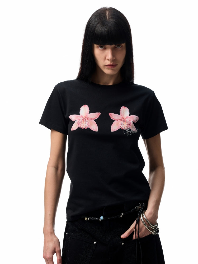 Printed Loose Austrian Rhinestone T-shirt