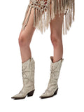 V-Mouth Pointed-Toe Leather Embroidered Denim Boots
