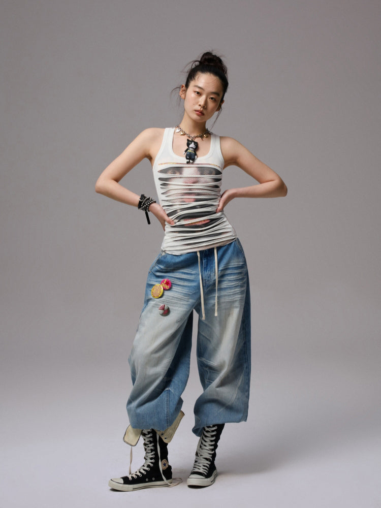 Irregular Hole-Ripped Double-Layer Halter Neck Tank Top