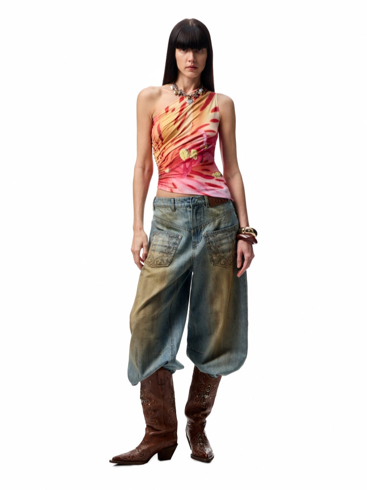 Slanted Shoulder Wrinkle-Printed Floral Vest
