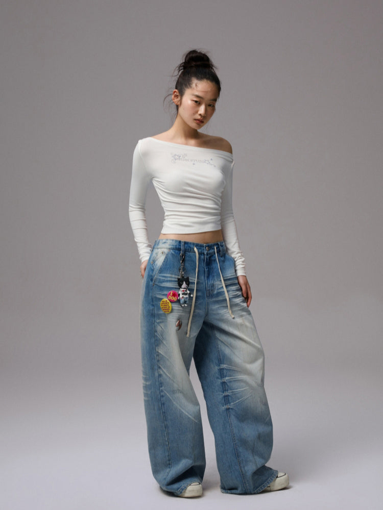 Rhinestone One-Shoulder Long-Sleeve T-Shirt