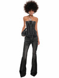Denim Blue & Black Printed Fishtail Corset