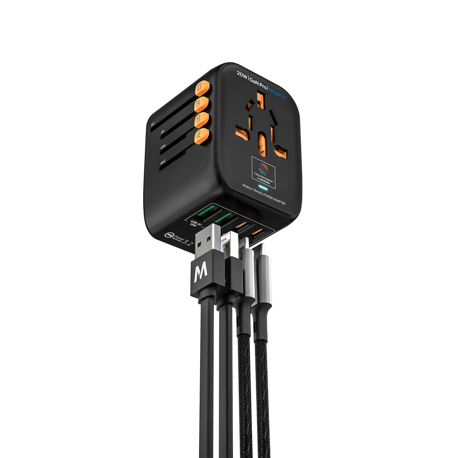MICRODIA 1WorldAdapter™ PD20W GaN Pro™ с 2 портами USB-C PD3.2 и 2 портами USB-A QC4+ PPS для быстрой зарядки