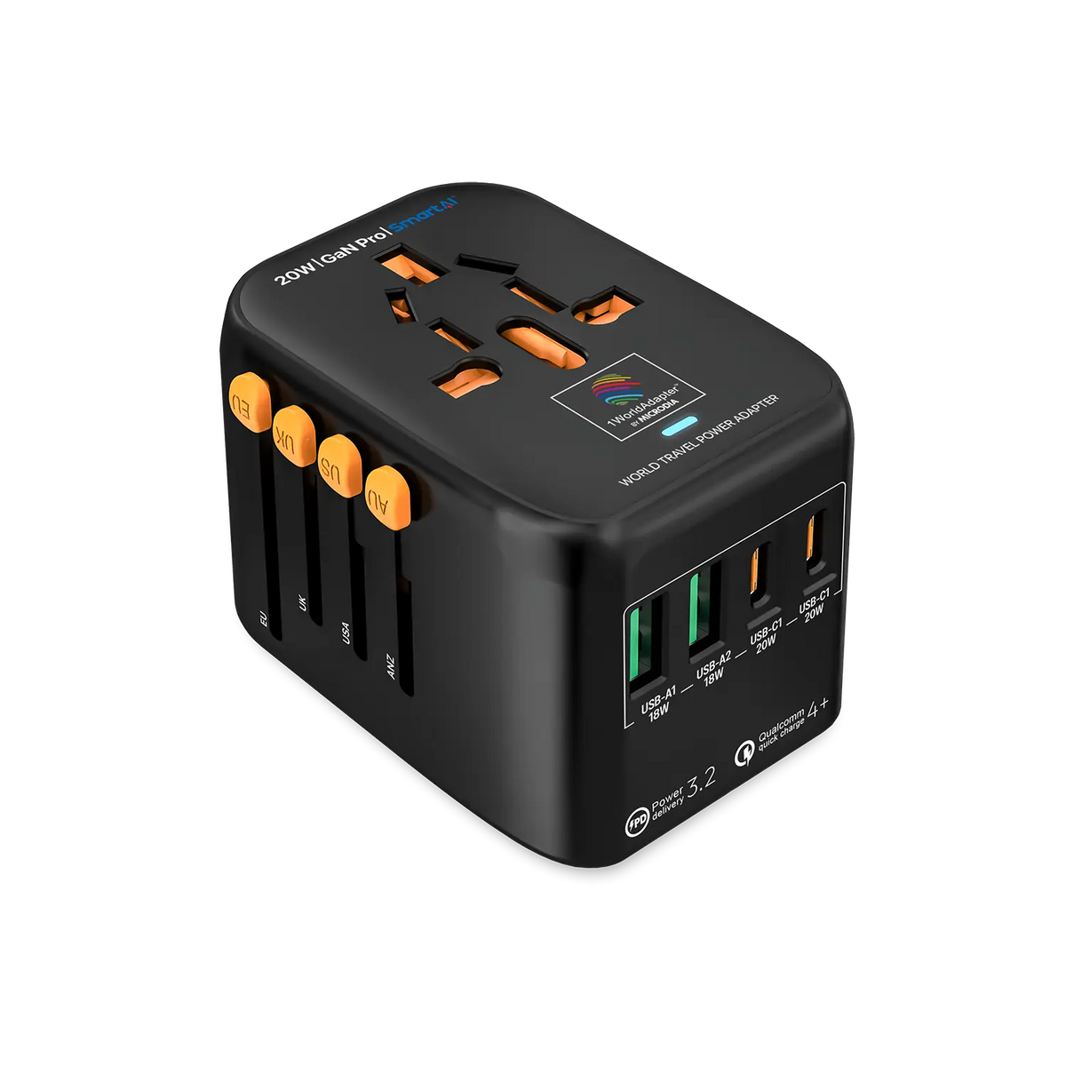 MICRODIA 1WorldAdapter™ PD20W GaN Pro™ с 2 портами USB-C PD3.2 и 2 портами USB-A QC4+ PPS для быстрой зарядки