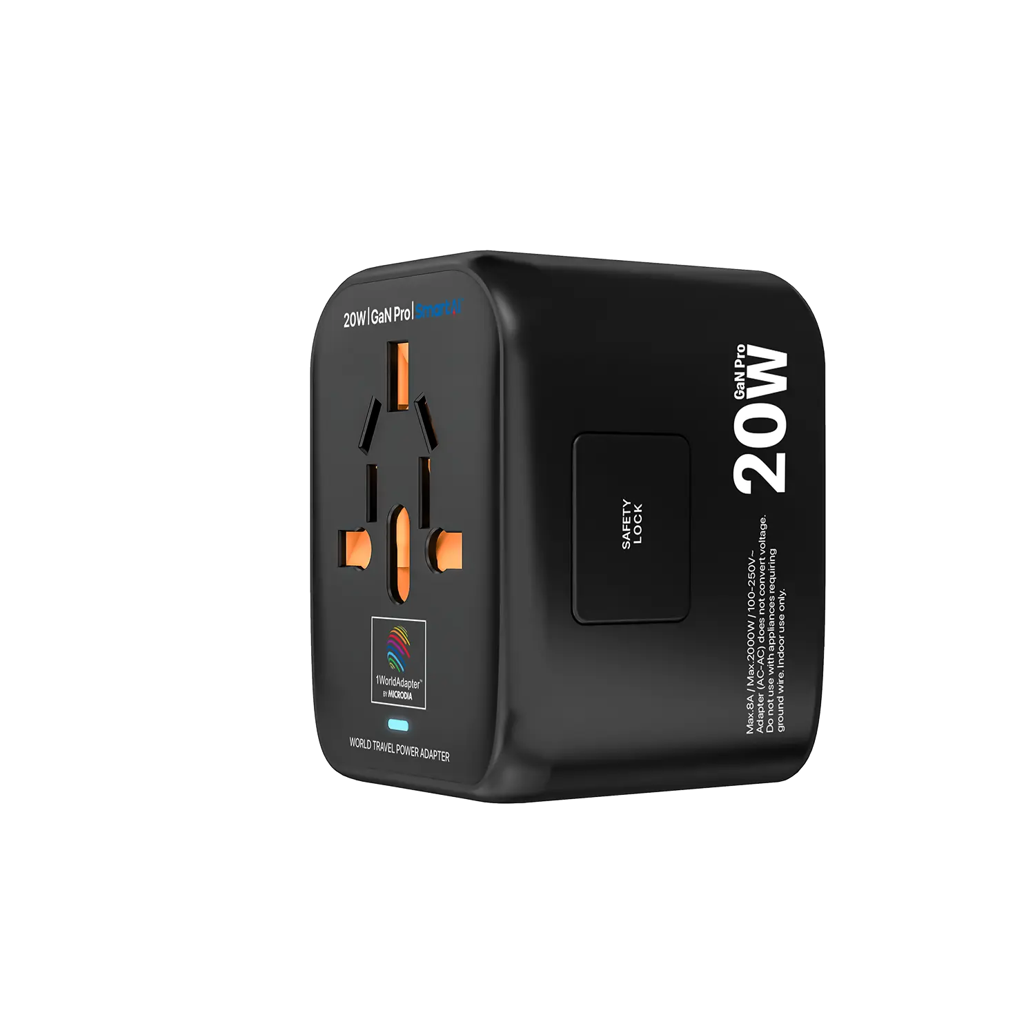 MICRODIA 1WorldAdapter™ PD20W GaN Pro™ с 2 портами USB-C PD3.2 и 2 портами USB-A QC4+ PPS для быстрой зарядки