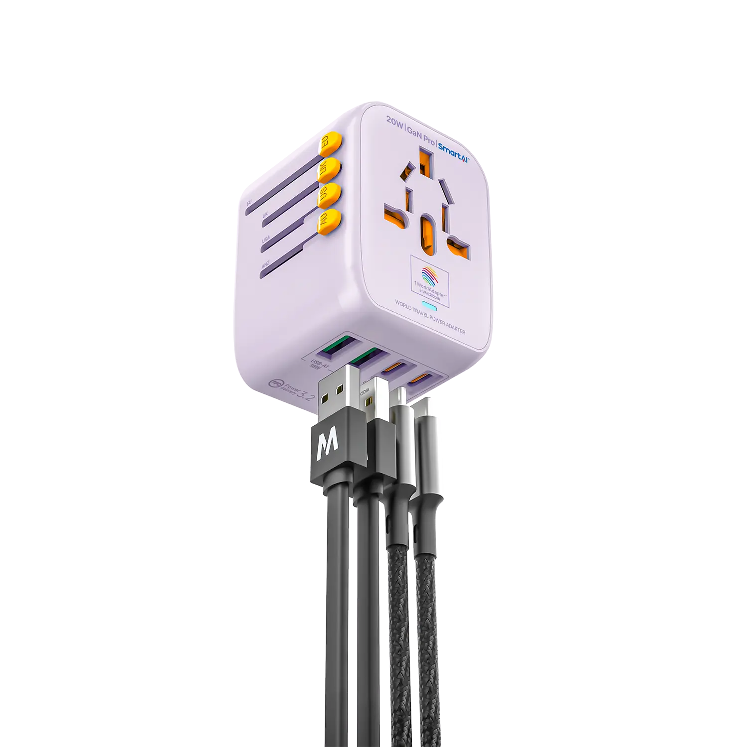 MICRODIA 1WorldAdapter™ PD20W GaN Pro™ с 2 портами USB-C PD3.2 и 2 портами USB-A QC4+ PPS для быстрой зарядки