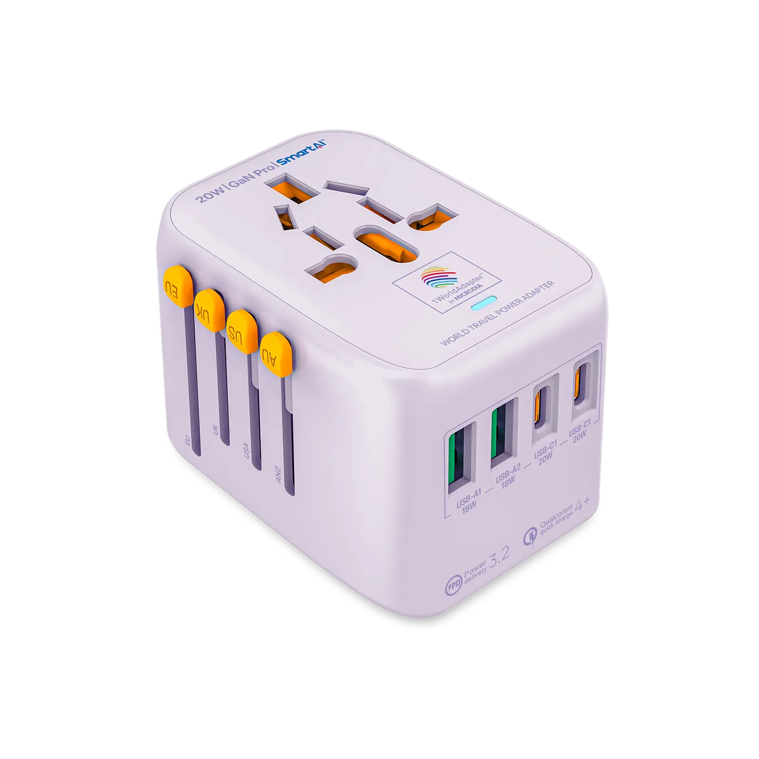 MICRODIA 1WorldAdapter™ PD20W GaN Pro™ с 2 портами USB-C PD3.2 и 2 портами USB-A QC4+ PPS для быстрой зарядки