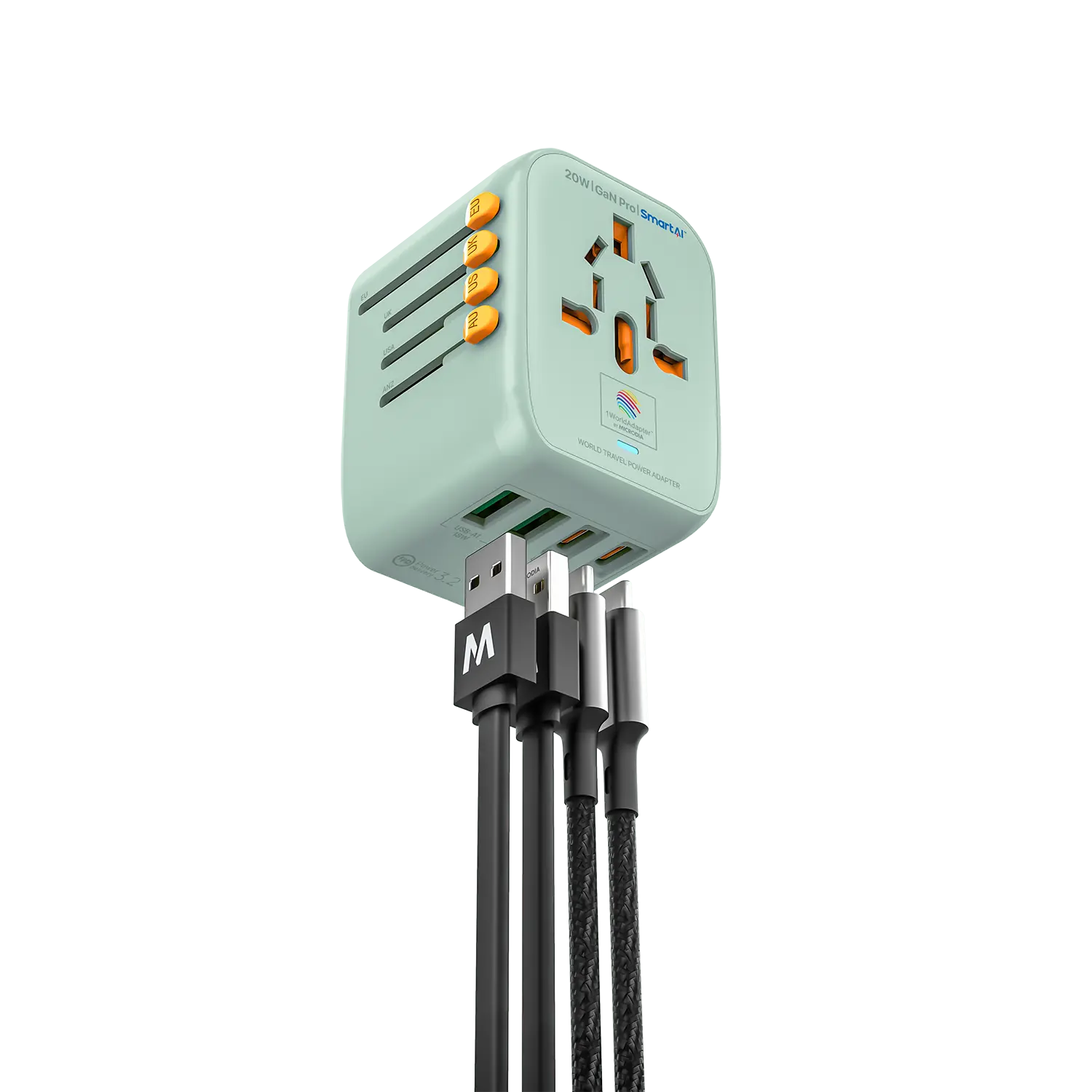 MICRODIA 1WorldAdapter™ PD20W GaN Pro™ с 2 портами USB-C PD3.2 и 2 портами USB-A QC4+ PPS для быстрой зарядки