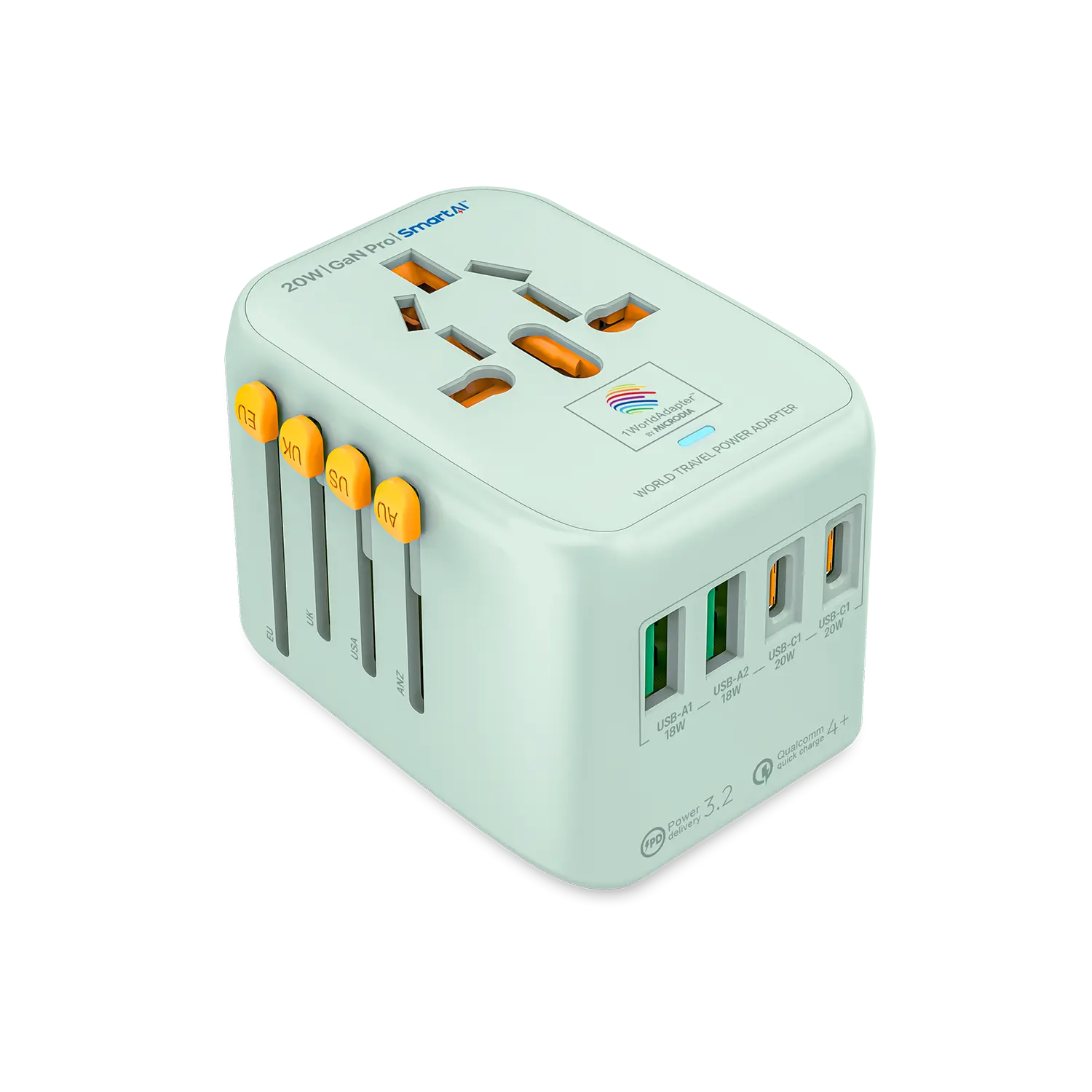 MICRODIA 1WorldAdapter™ PD20W GaN Pro™ с 2 портами USB-C PD3.2 и 2 портами USB-A QC4+ PPS для быстрой зарядки