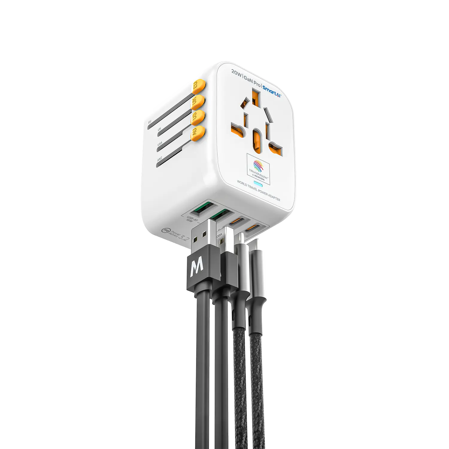 MICRODIA 1WorldAdapter™ PD20W GaN Pro™ с 2 портами USB-C PD3.2 и 2 портами USB-A QC4+ PPS для быстрой зарядки