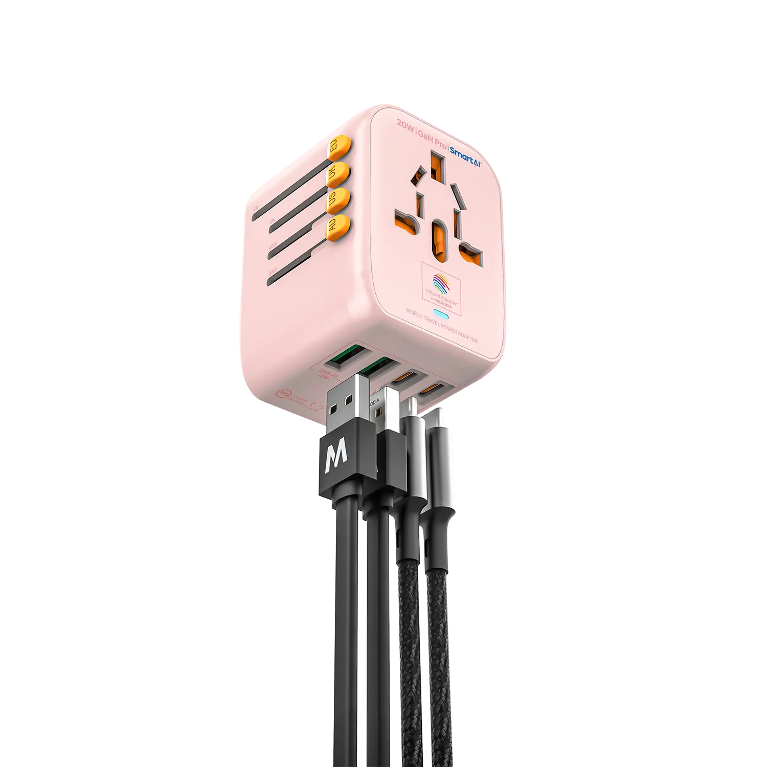 MICRODIA 1WorldAdapter™ PD20W GaN Pro™ с 2 портами USB-C PD3.2 и 2 портами USB-A QC4+ PPS для быстрой зарядки