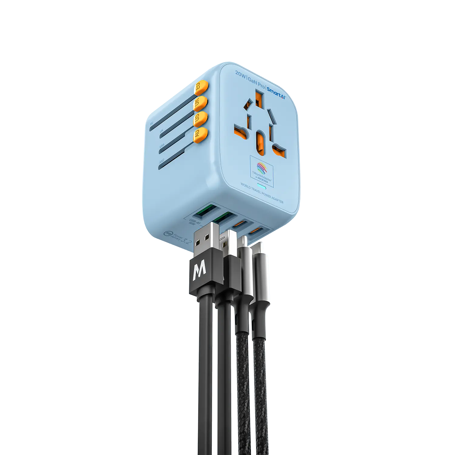 MICRODIA 1WorldAdapter™ PD20W GaN Pro™ с 2 портами USB-C PD3.2 и 2 портами USB-A QC4+ PPS для быстрой зарядки