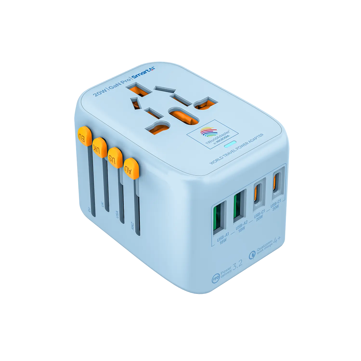 MICRODIA 1WorldAdapter™ PD20W GaN Pro™ с 2 портами USB-C PD3.2 и 2 портами USB-A QC4+ PPS для быстрой зарядки