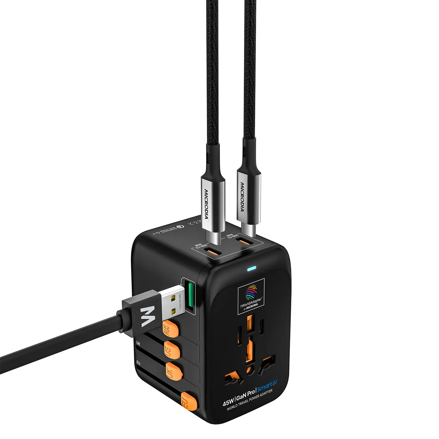 MICRODIA 1WorldAdapter™ PD45W GaN Pro™ с 3 портами USB-C PD3.2 и USB-A QC4+ PPS с быстрой зарядкой
