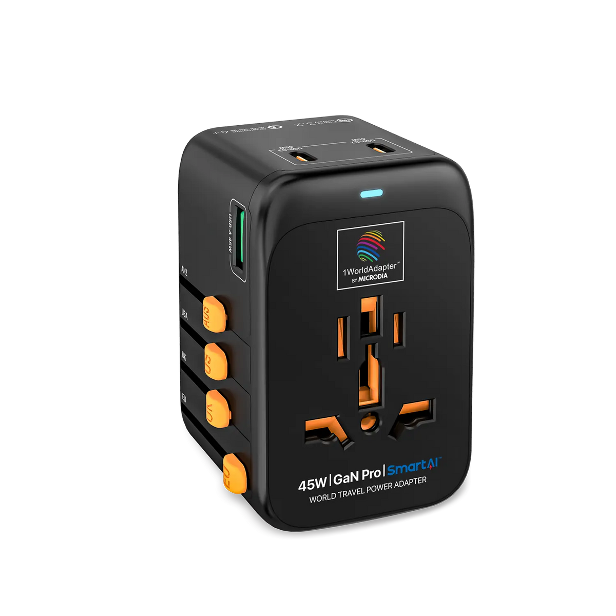 MICRODIA 1WorldAdapter™ PD45W GaN Pro™ с 3 портами USB-C PD3.2 и USB-A QC4+ PPS с быстрой зарядкой