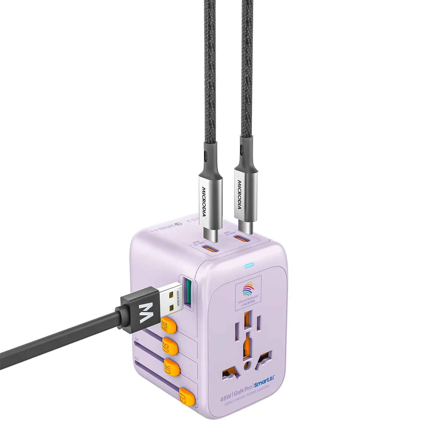 MICRODIA 1WorldAdapter™ PD45W GaN Pro™ с 3 портами USB-C PD3.2 и USB-A QC4+ PPS с быстрой зарядкой