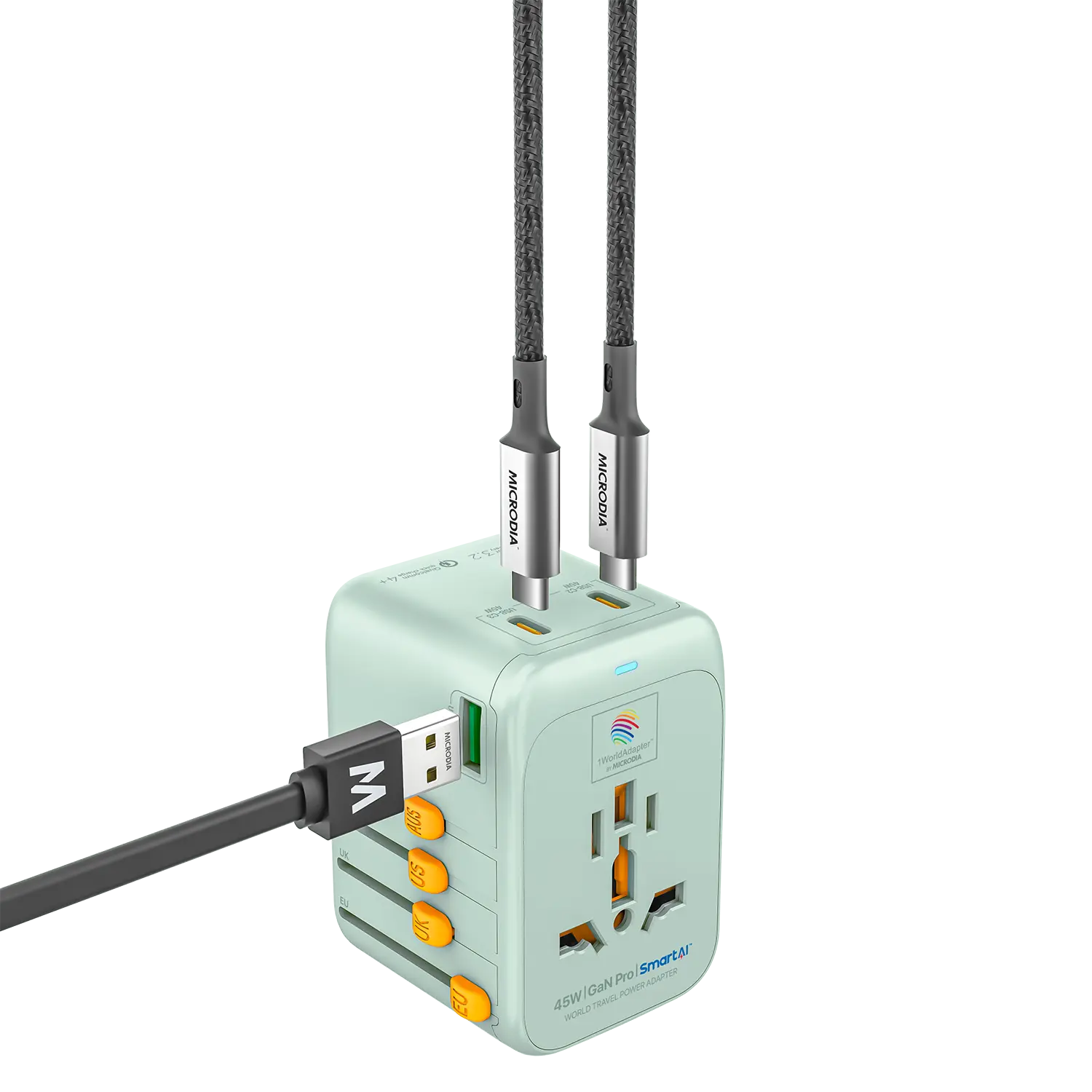MICRODIA 1WorldAdapter™ PD45W GaN Pro™ с 3 портами USB-C PD3.2 и USB-A QC4+ PPS с быстрой зарядкой