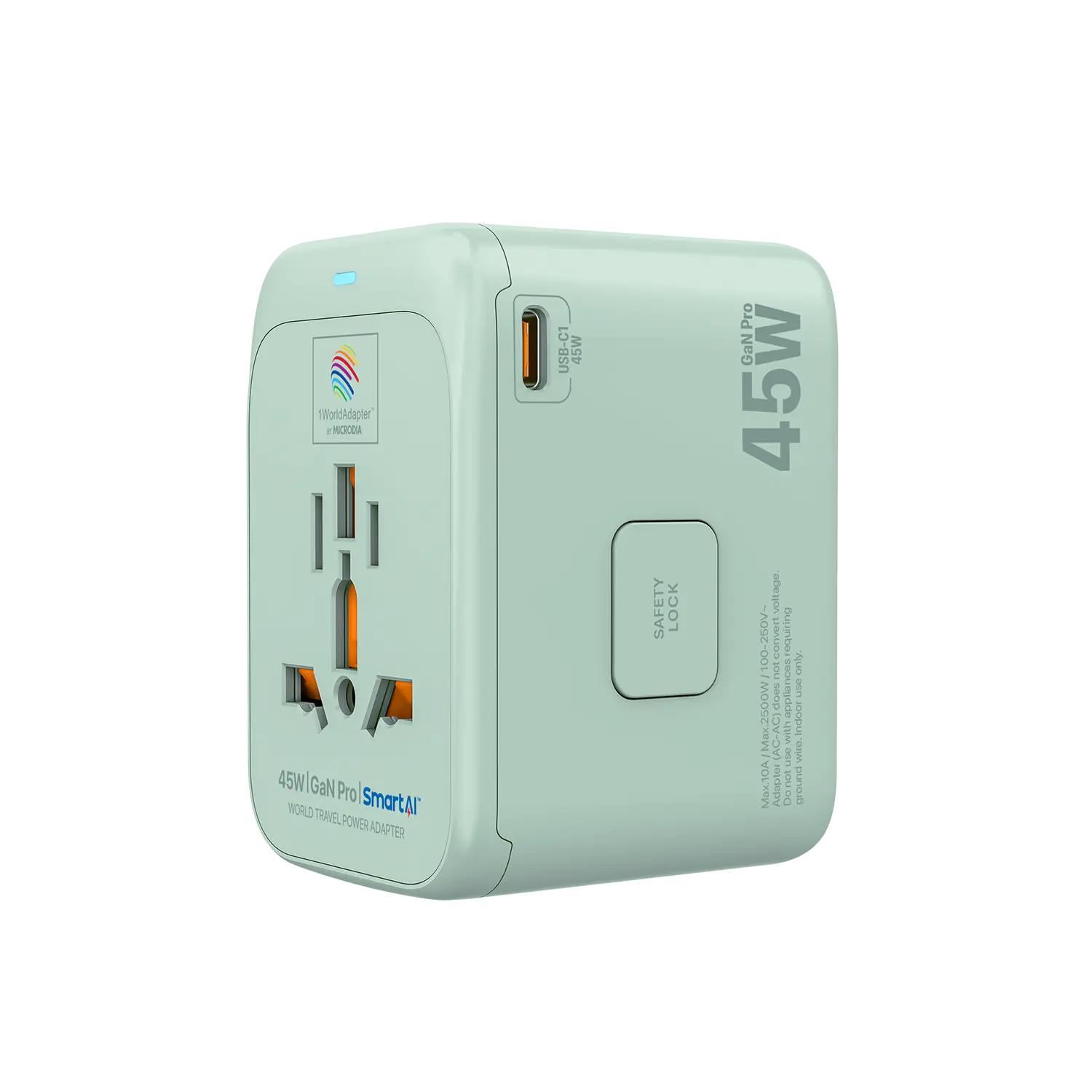 MICRODIA 1WorldAdapter™ PD45W GaN Pro™ с 3 портами USB-C PD3.2 и USB-A QC4+ PPS с быстрой зарядкой