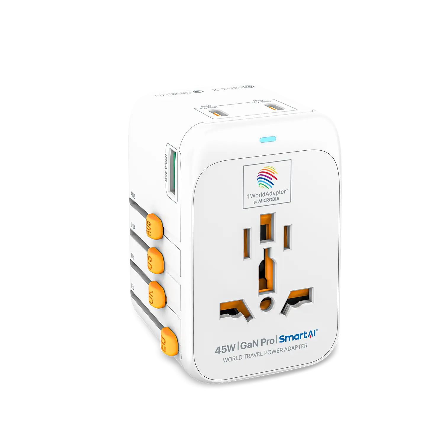 MICRODIA 1WorldAdapter™ PD45W GaN Pro™ с 3 портами USB-C PD3.2 и USB-A QC4+ PPS с быстрой зарядкой