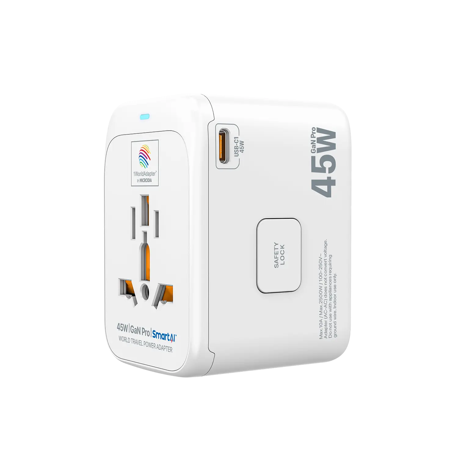 MICRODIA 1WorldAdapter™ PD45W GaN Pro™ с 3 портами USB-C PD3.2 и USB-A QC4+ PPS с быстрой зарядкой