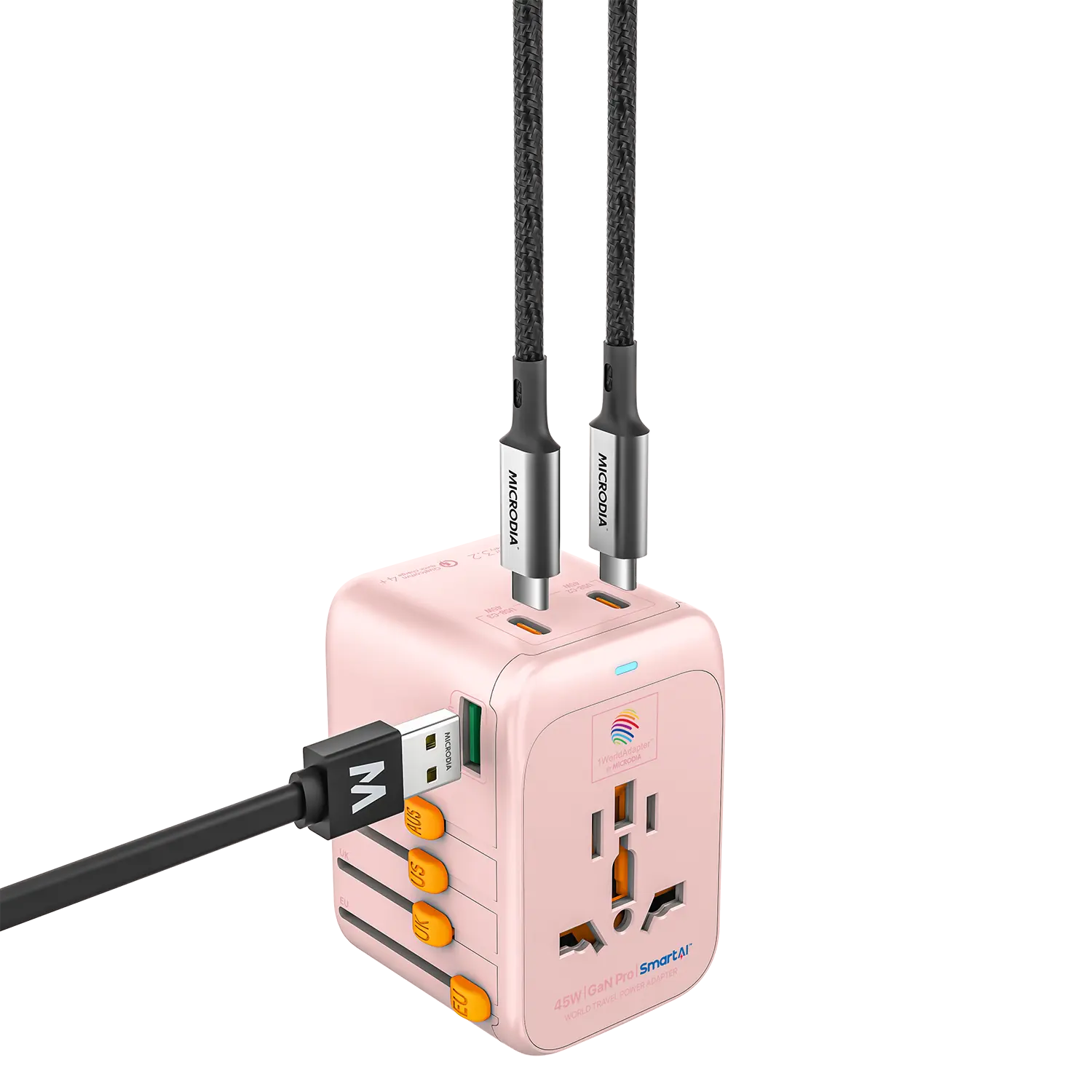 MICRODIA 1WorldAdapter™ PD45W GaN Pro™ с 3 портами USB-C PD3.2 и USB-A QC4+ PPS с быстрой зарядкой
