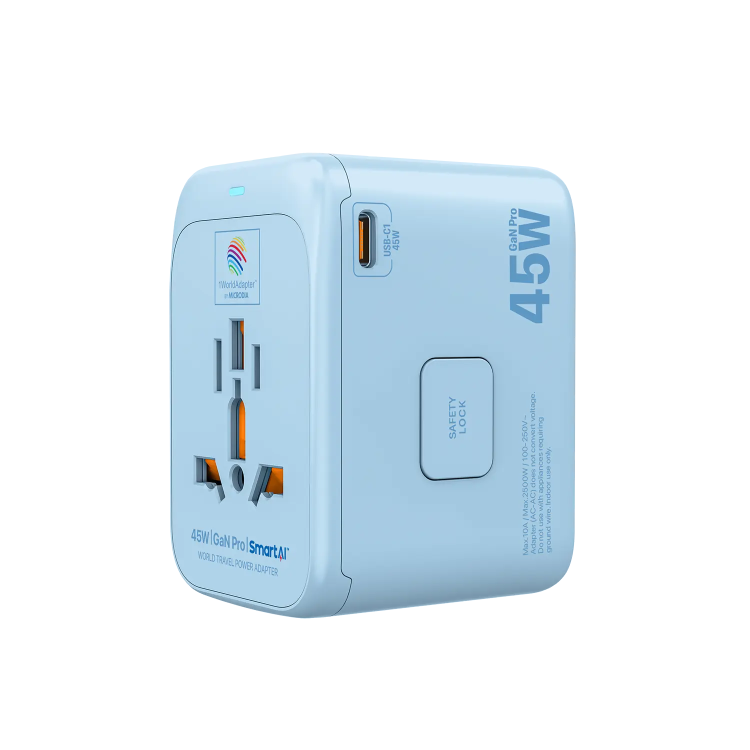 MICRODIA 1WorldAdapter™ PD45W GaN Pro™ с 3 портами USB-C PD3.2 и USB-A QC4+ PPS с быстрой зарядкой