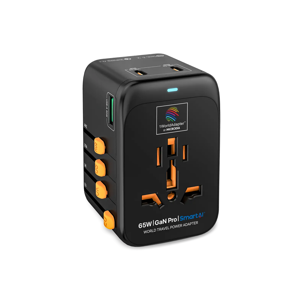 MICRODIA 1WorldAdapter™ PD65W GaN Pro™ с 3 портами USB-C PD3.2 и USB-A QC4+ PPS с быстрой зарядкой