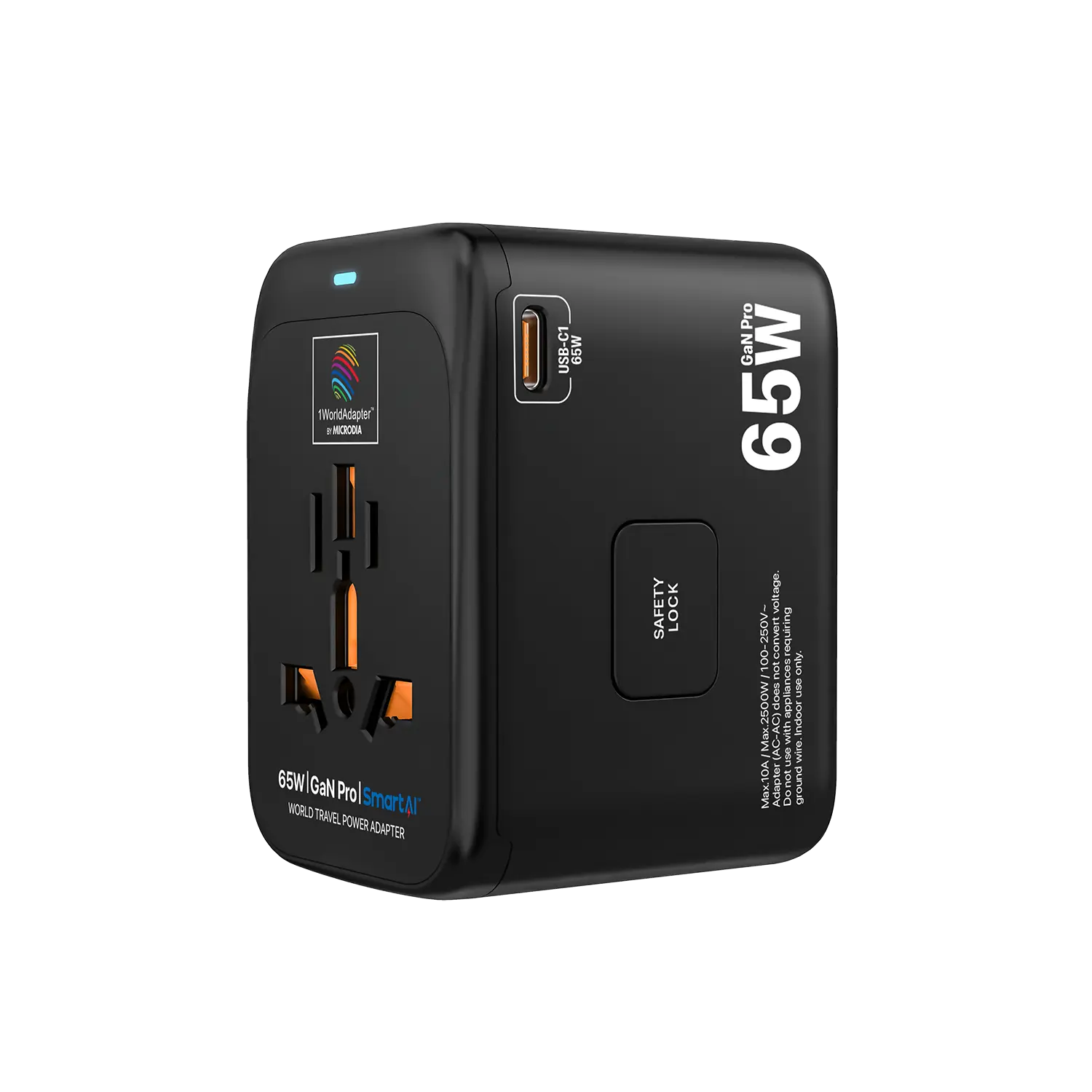 MICRODIA 1WorldAdapter™ PD65W GaN Pro™ с 3 портами USB-C PD3.2 и USB-A QC4+ PPS с быстрой зарядкой