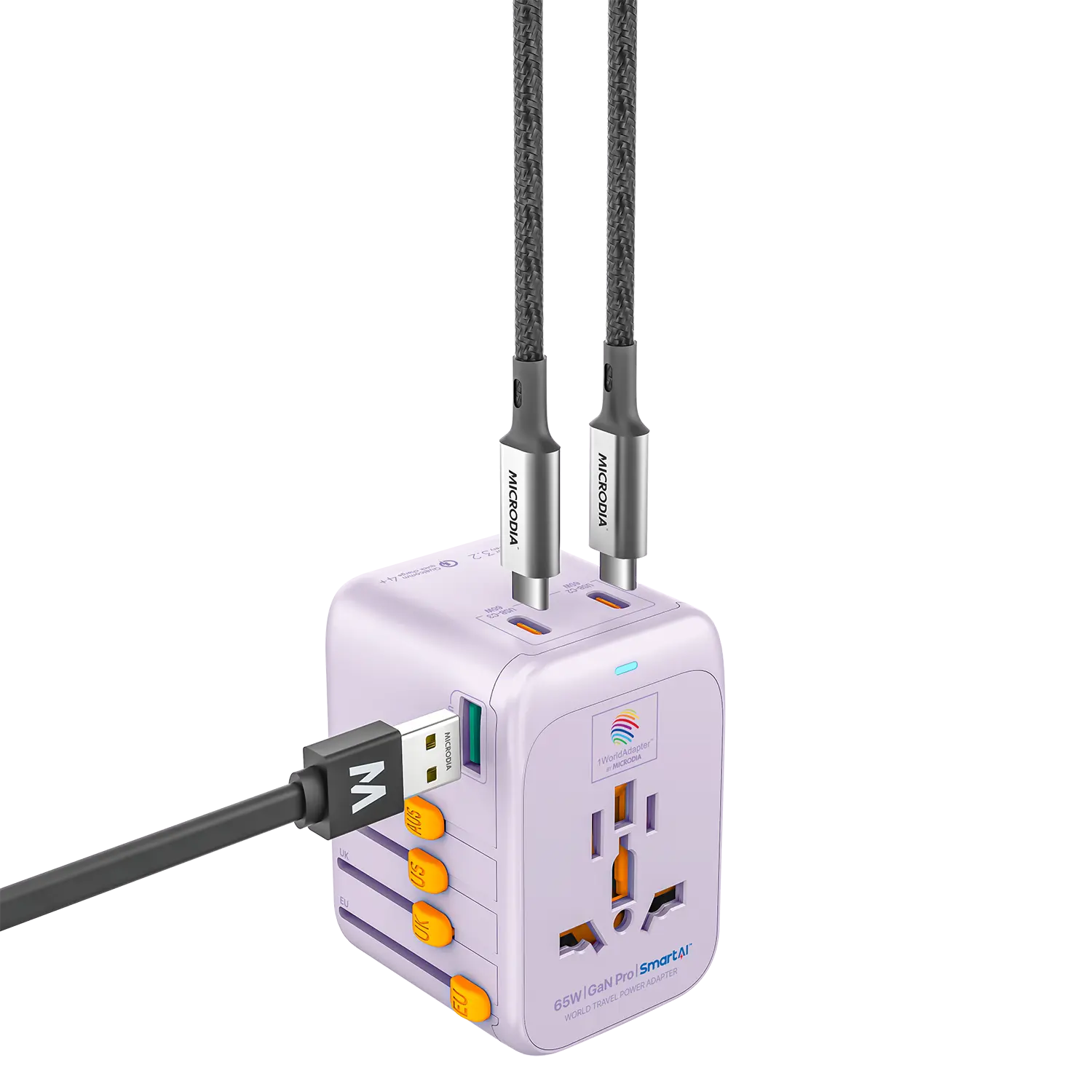 MICRODIA 1WorldAdapter™ PD65W GaN Pro™ с 3 портами USB-C PD3.2 и USB-A QC4+ PPS с быстрой зарядкой