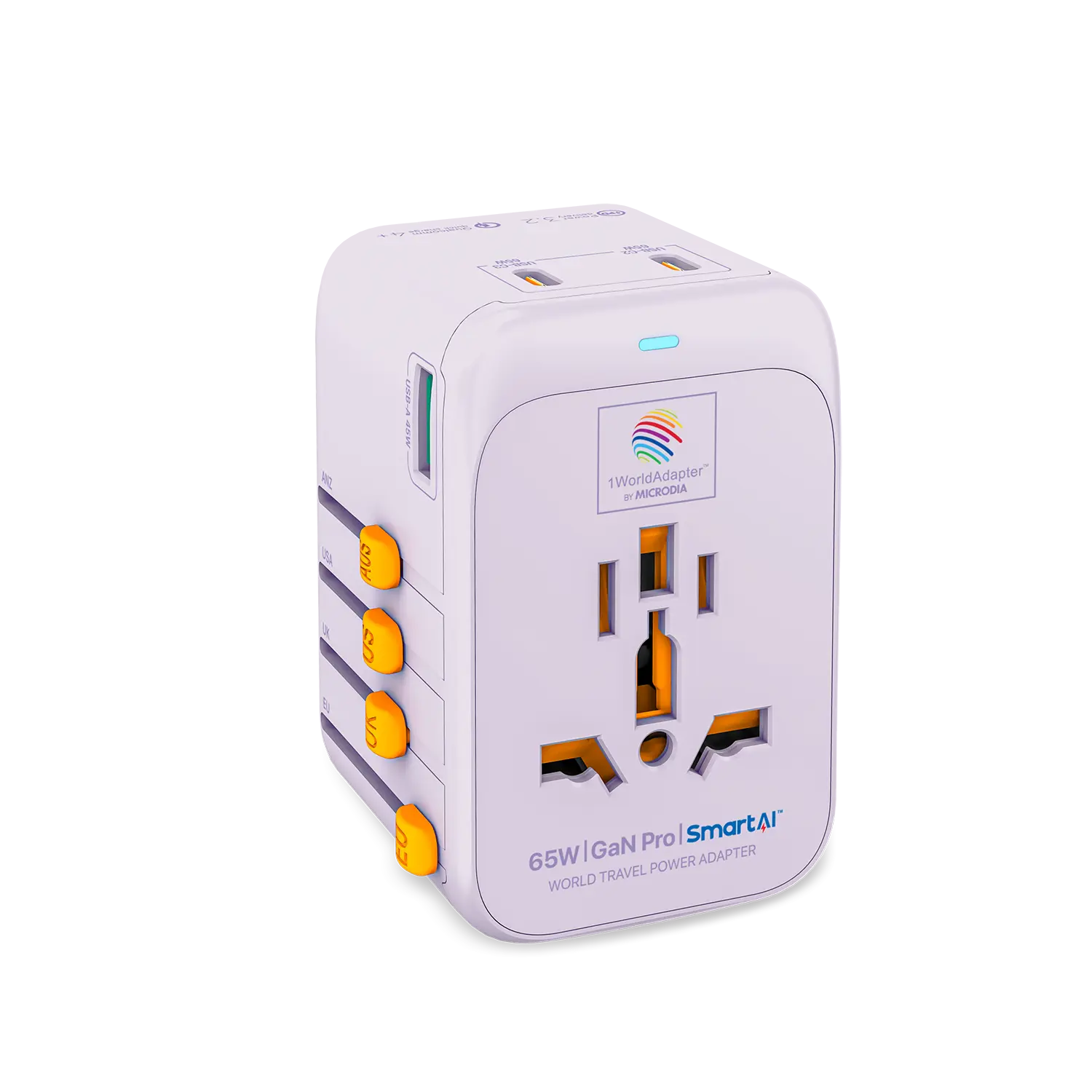 MICRODIA 1WorldAdapter™ PD65W GaN Pro™ с 3 портами USB-C PD3.2 и USB-A QC4+ PPS с быстрой зарядкой
