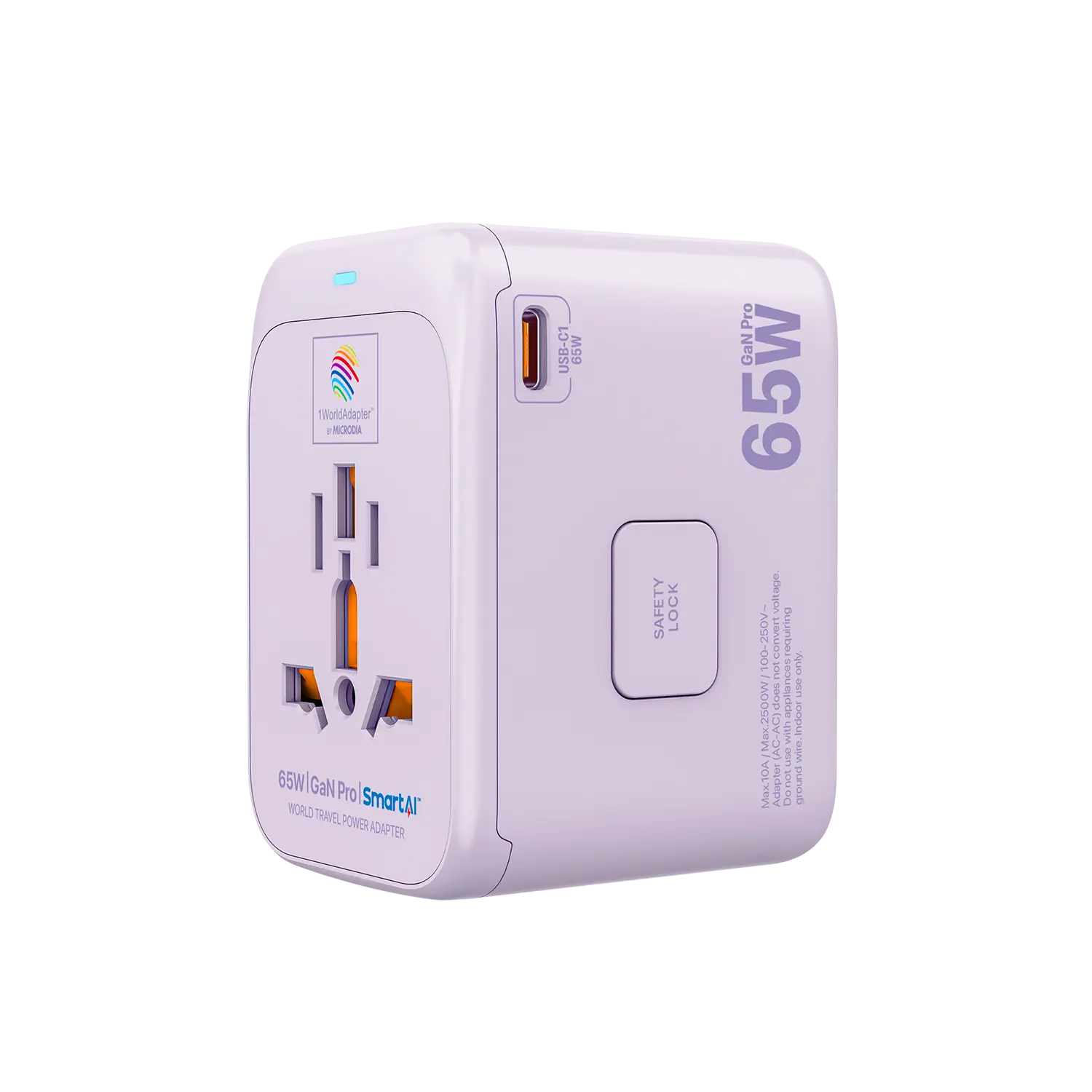 MICRODIA 1WorldAdapter™ PD65W GaN Pro™ с 3 портами USB-C PD3.2 и USB-A QC4+ PPS с быстрой зарядкой
