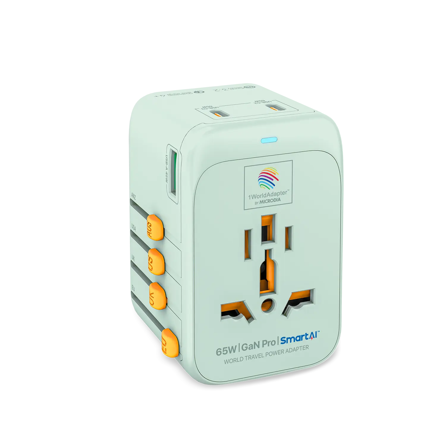 MICRODIA 1WorldAdapter™ PD65W GaN Pro™ с 3 портами USB-C PD3.2 и USB-A QC4+ PPS с быстрой зарядкой