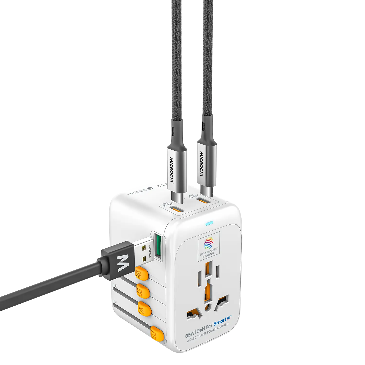 MICRODIA 1WorldAdapter™ PD65W GaN Pro™ с 3 портами USB-C PD3.2 и USB-A QC4+ PPS с быстрой зарядкой