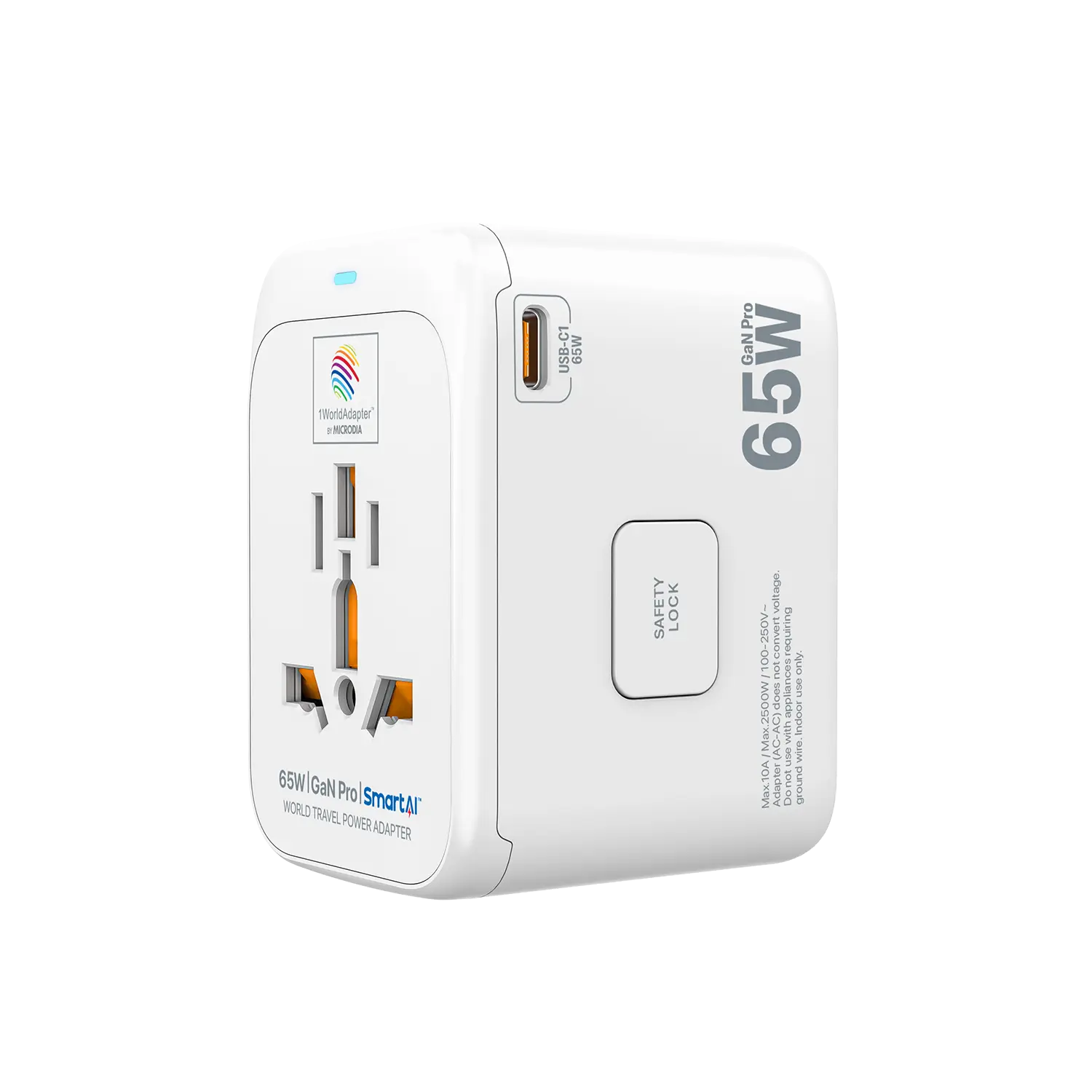 MICRODIA 1WorldAdapter™ PD65W GaN Pro™ с 3 портами USB-C PD3.2 и USB-A QC4+ PPS с быстрой зарядкой