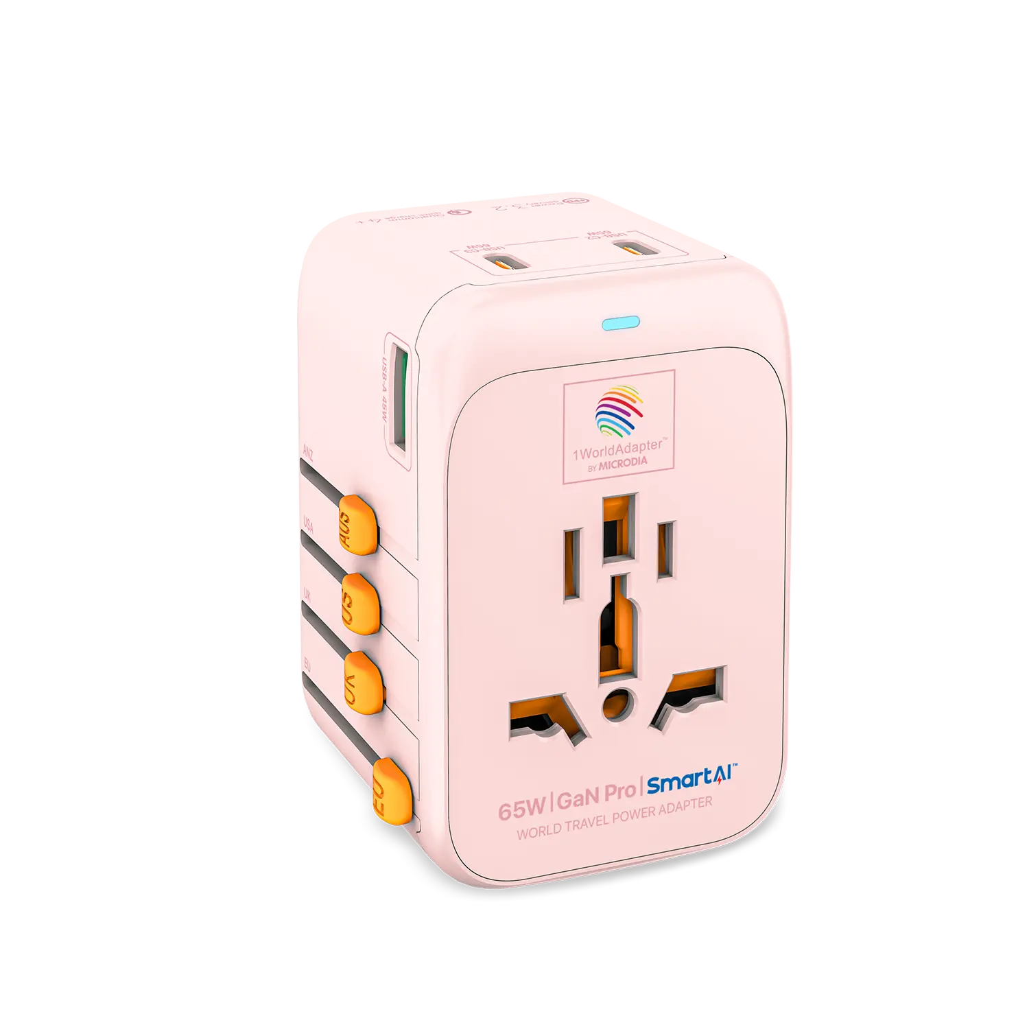 MICRODIA 1WorldAdapter™ PD65W GaN Pro™ с 3 портами USB-C PD3.2 и USB-A QC4+ PPS с быстрой зарядкой