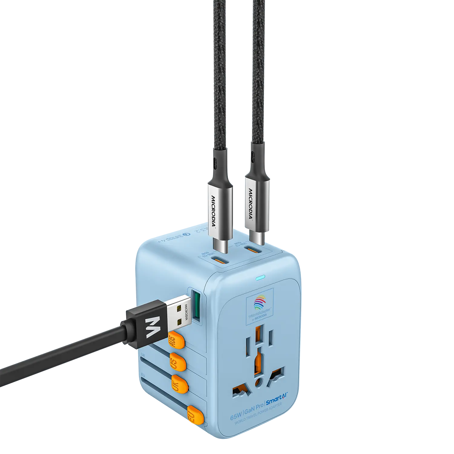 MICRODIA 1WorldAdapter™ PD65W GaN Pro™ с 3 портами USB-C PD3.2 и USB-A QC4+ PPS с быстрой зарядкой