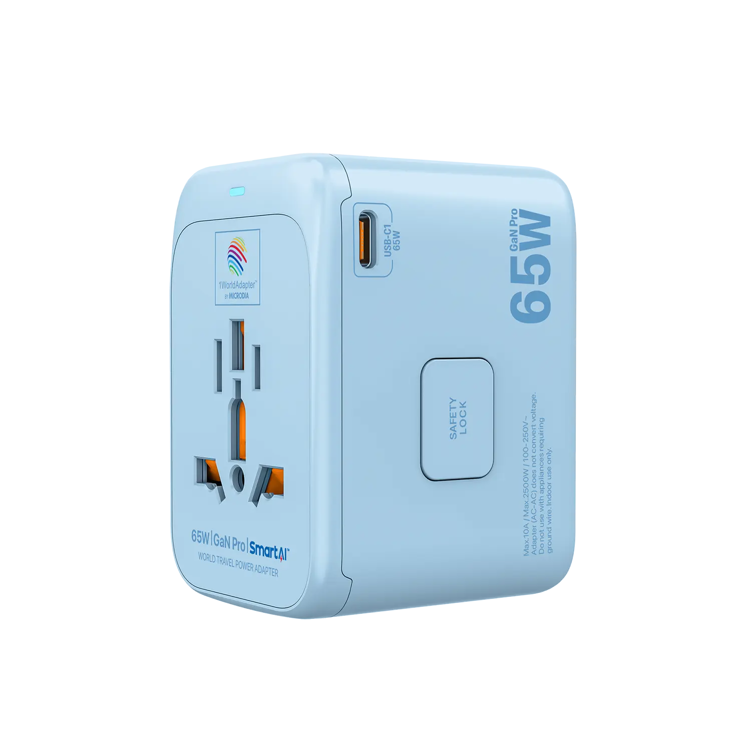 MICRODIA 1WorldAdapter™ PD65W GaN Pro™ с 3 портами USB-C PD3.2 и USB-A QC4+ PPS с быстрой зарядкой