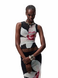 Floral Print Rhinestone Mesh Vest