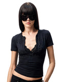 Floral Letter V-Neck Hidden Zip Hot-Fix T-Shirt