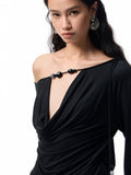 Beaded Cowl Neck Off-shoulder Long-sleeve Tunic